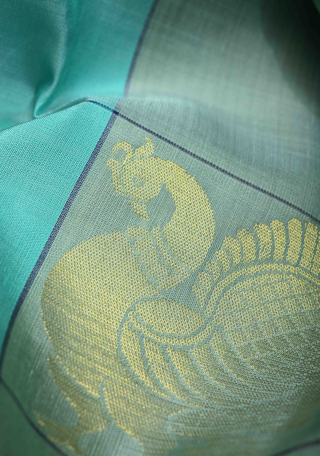 Borderless Turquoise & Sage Green Checks Kanjivaram Soft Silk Saree With Peacock Buttas | SILK MARK CERTIFIED
