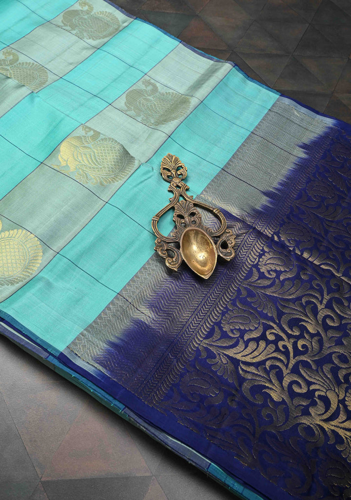 Borderless Turquoise & Sage Green Checks Kanjivaram Soft Silk Saree With Peacock Buttas | SILK MARK CERTIFIED