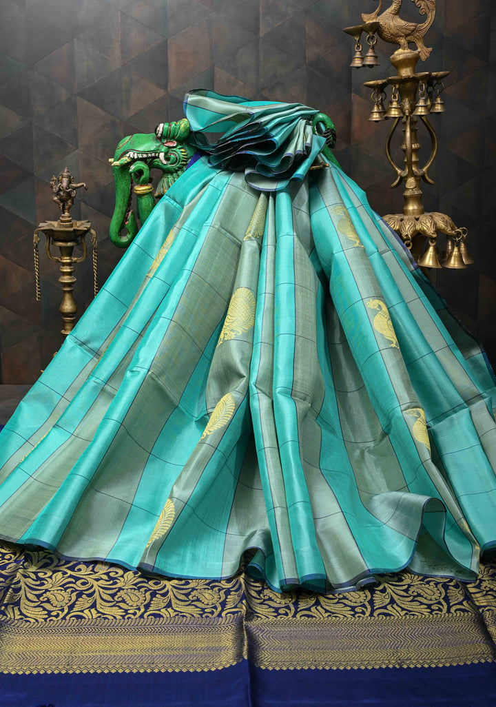 Borderless Turquoise & Sage Green Checks Kanjivaram Soft Silk Saree With Peacock Buttas | SILK MARK CERTIFIED
