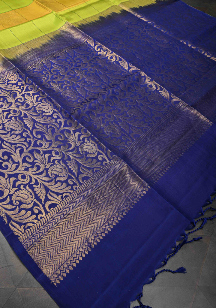 Borderless Chartreuse & Yellow Checks Kanjivaram Soft Silk Saree With Peacock Buttas | SILK MARK CERTIFIED