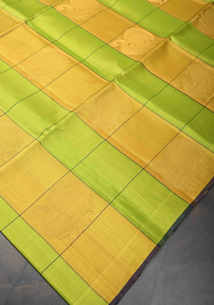 Borderless Chartreuse & Yellow Checks Kanjivaram Soft Silk Saree With Peacock Buttas | SILK MARK CERTIFIED