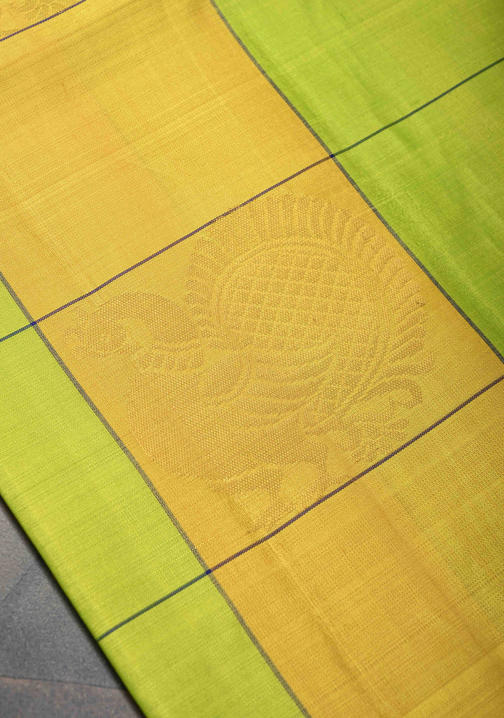 Borderless Chartreuse & Yellow Checks Kanjivaram Soft Silk Saree With Peacock Buttas | SILK MARK CERTIFIED