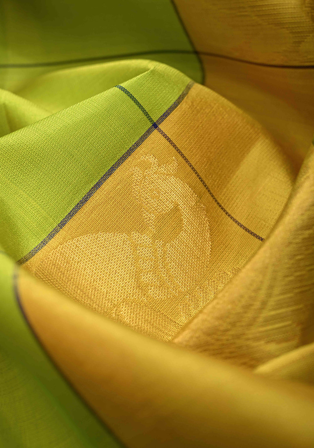Borderless Chartreuse & Yellow Checks Kanjivaram Soft Silk Saree With Peacock Buttas | SILK MARK CERTIFIED
