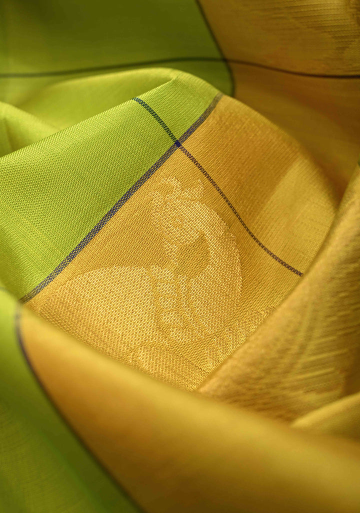 Borderless Chartreuse & Yellow Checks Kanjivaram Soft Silk Saree With Peacock Buttas | SILK MARK CERTIFIED