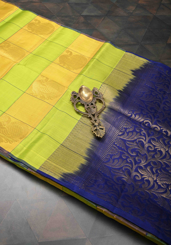 Borderless Chartreuse & Yellow Checks Kanjivaram Soft Silk Saree With Peacock Buttas | SILK MARK CERTIFIED