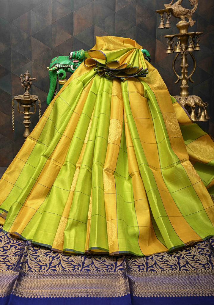Borderless Chartreuse & Yellow Checks Kanjivaram Soft Silk Saree With Peacock Buttas | SILK MARK CERTIFIED