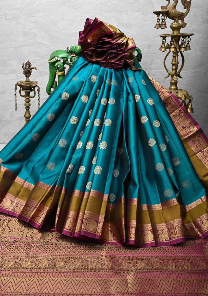 Peacock Blue Kanjivaram Soft Silk Saree with peacock Zari Buttas and rettai patti Zari Border | SILK MARK CERTIFIED
