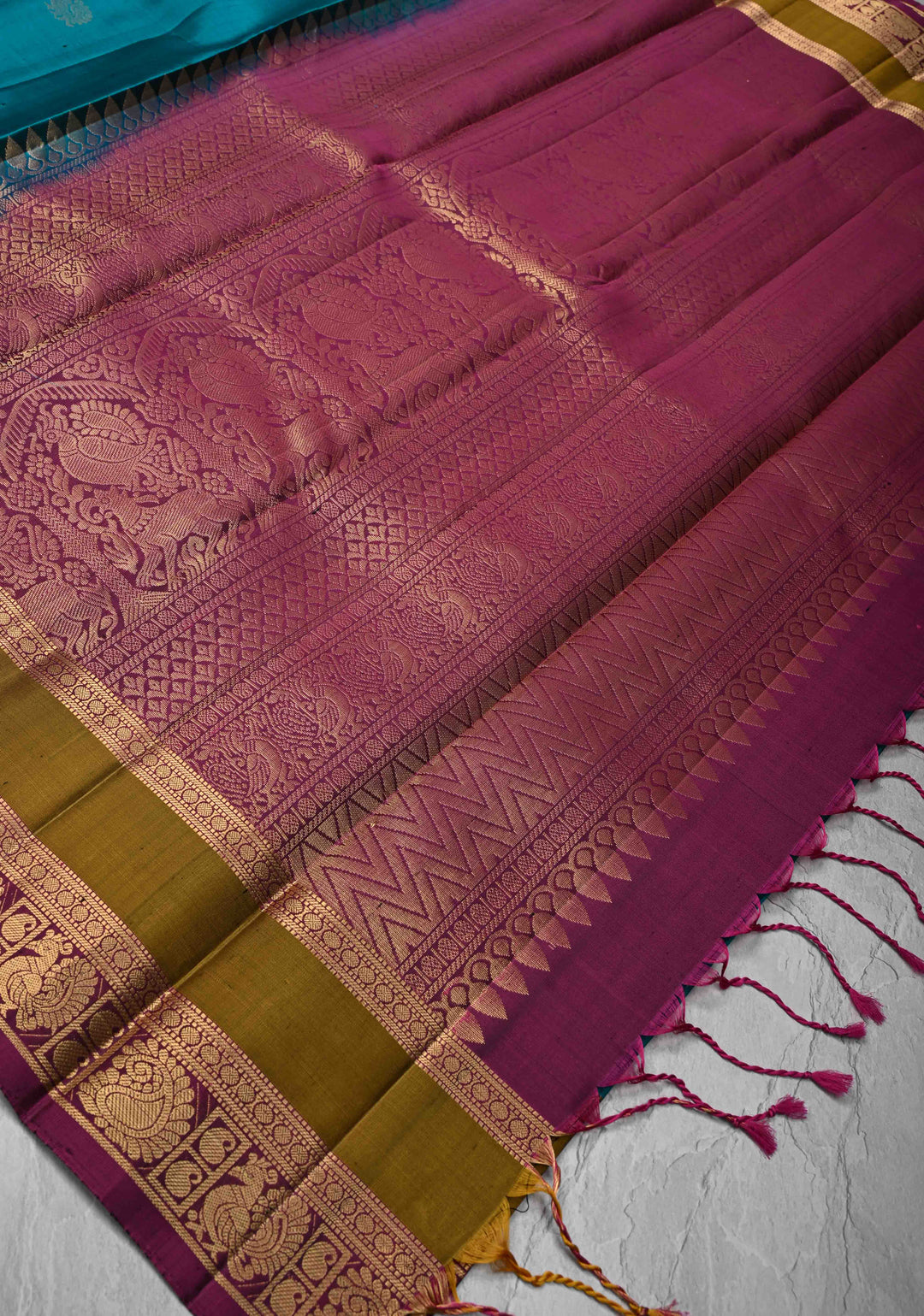 Peacock Blue Kanjivaram Soft Silk Saree with peacock Zari Buttas and rettai patti Zari Border | SILK MARK CERTIFIED