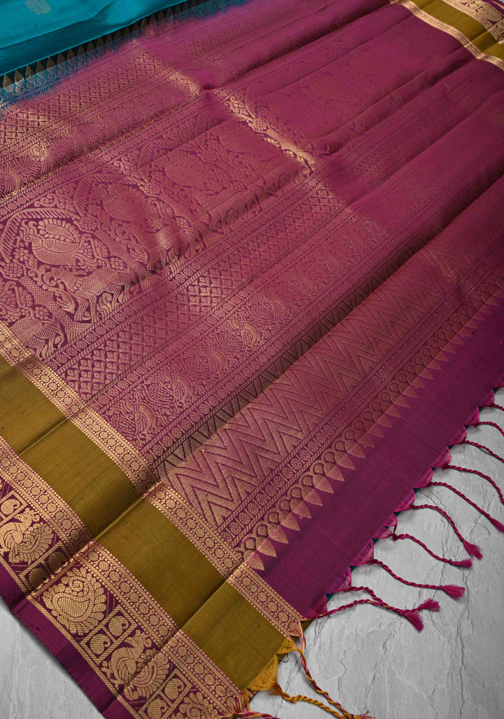 Peacock Blue Kanjivaram Soft Silk Saree with peacock Zari Buttas and rettai patti Zari Border | SILK MARK CERTIFIED