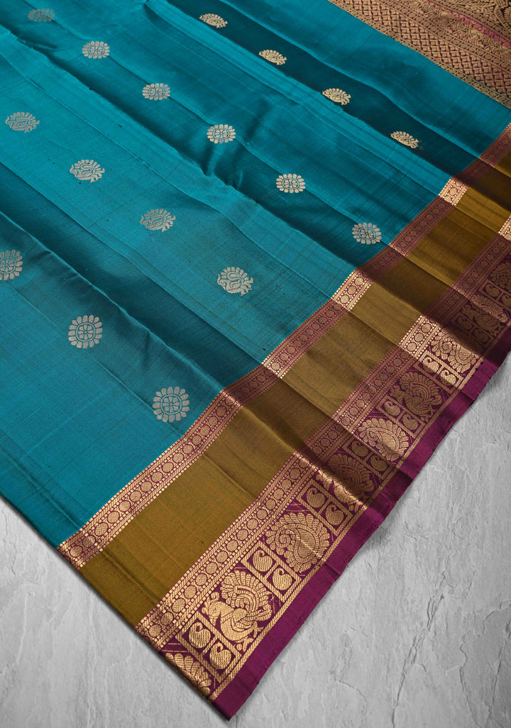 Peacock Blue Kanjivaram Soft Silk Saree with peacock Zari Buttas and rettai patti Zari Border | SILK MARK CERTIFIED