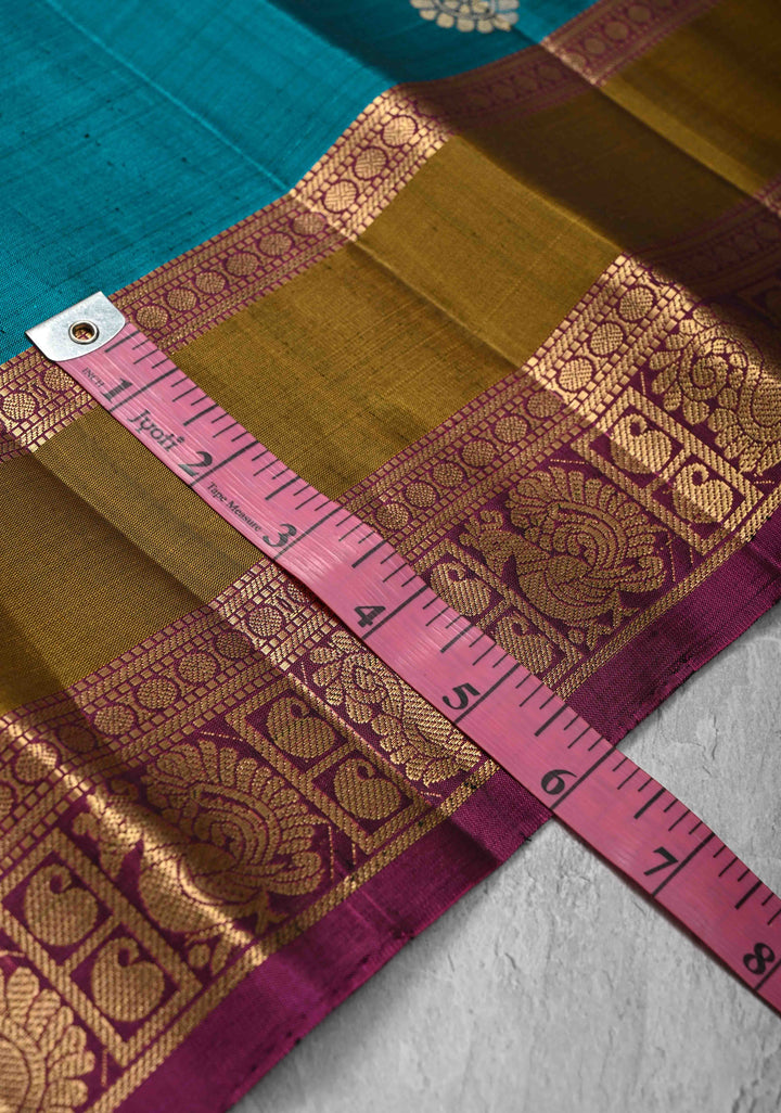Peacock Blue Kanjivaram Soft Silk Saree with peacock Zari Buttas and rettai patti Zari Border | SILK MARK CERTIFIED