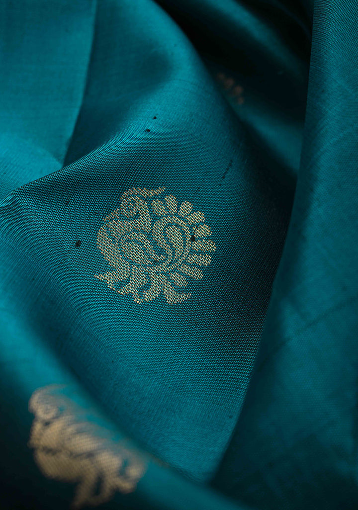Peacock Blue Kanjivaram Soft Silk Saree with peacock Zari Buttas and rettai patti Zari Border | SILK MARK CERTIFIED