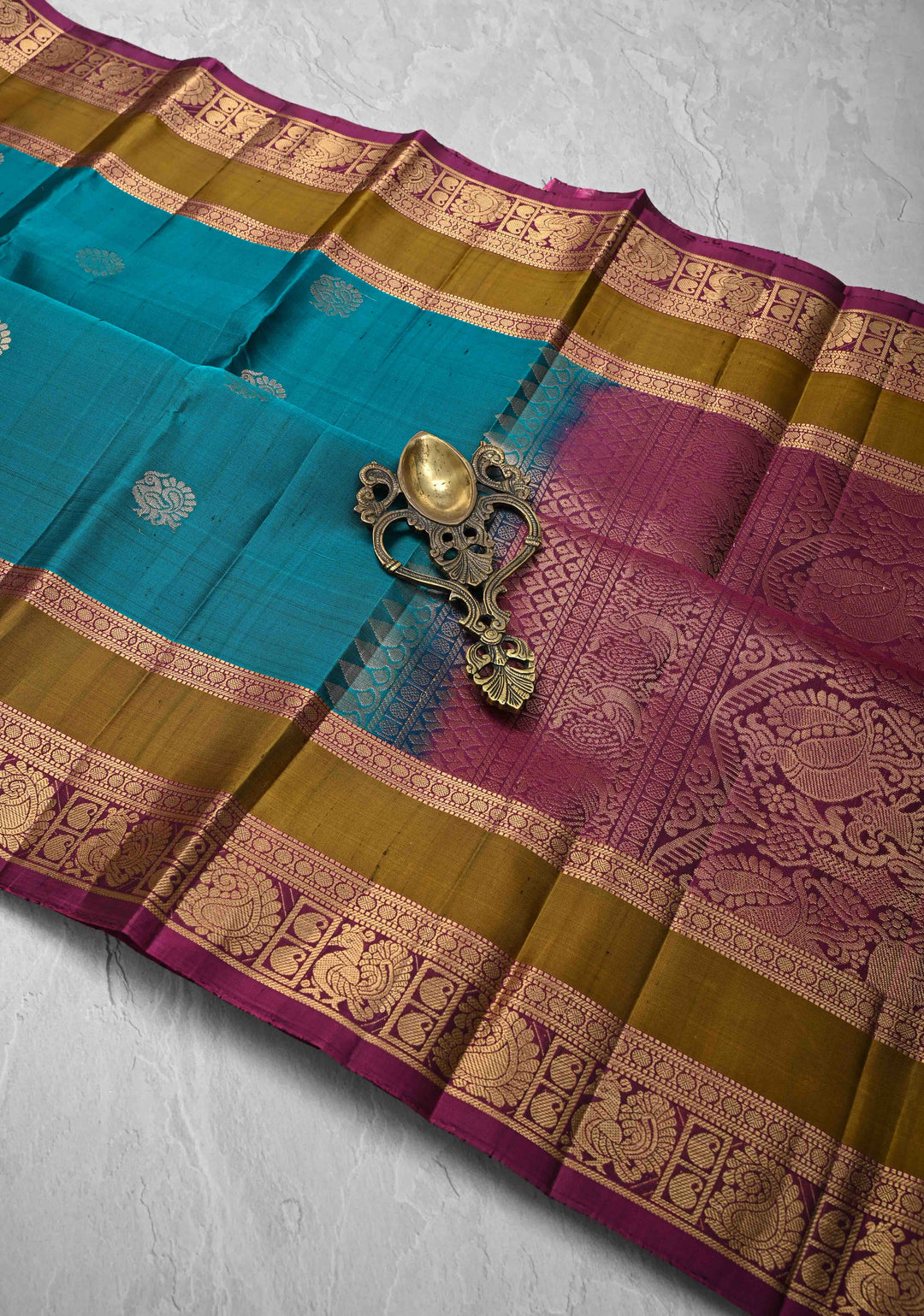 Peacock Blue Kanjivaram Soft Silk Saree with peacock Zari Buttas and rettai patti Zari Border | SILK MARK CERTIFIED