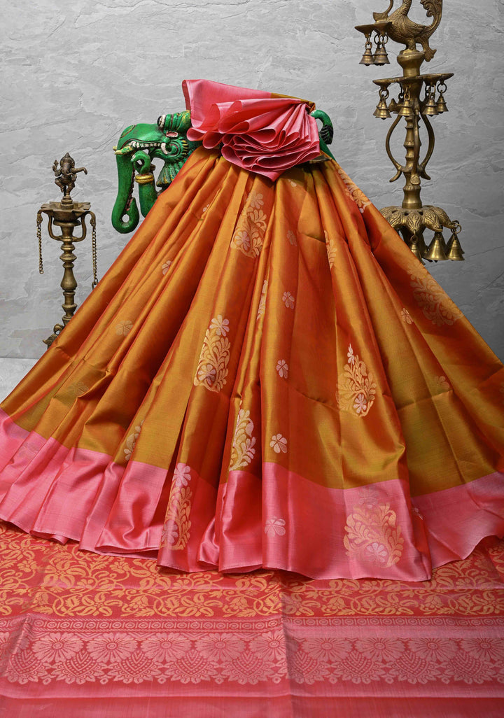 Mustard Dual Tone Kanjivaram Soft Silk Saree with Gold & Silver Buttas and Contrast Border | SILK MARK CERTIFIED