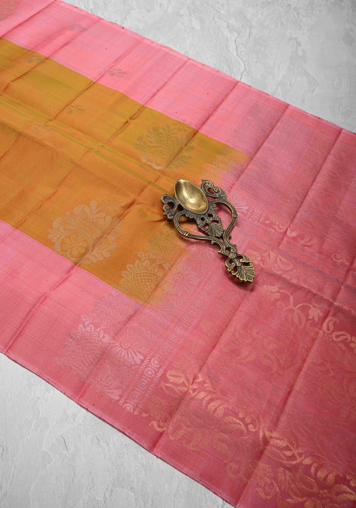Mustard Dual Tone Kanjivaram Soft Silk Saree with Gold & Silver Buttas and Contrast Border | SILK MARK CERTIFIED