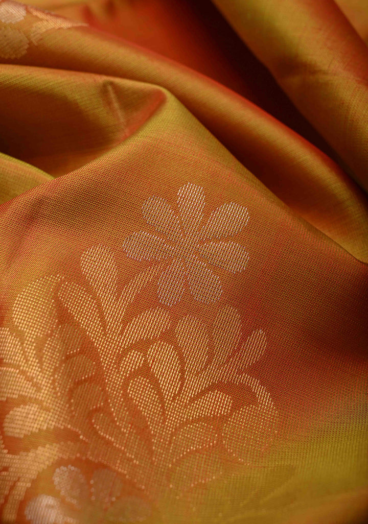 Mustard Dual Tone Kanjivaram Soft Silk Saree with Gold & Silver Buttas and Contrast Border | SILK MARK CERTIFIED