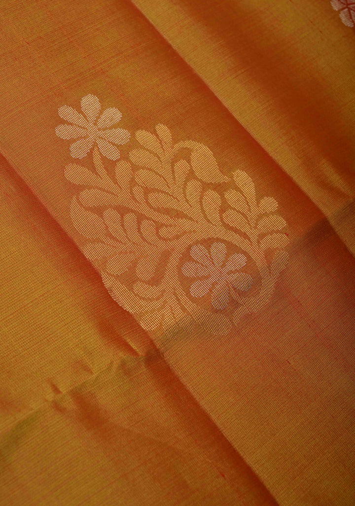 Mustard Dual Tone Kanjivaram Soft Silk Saree with Gold & Silver Buttas and Contrast Border | SILK MARK CERTIFIED