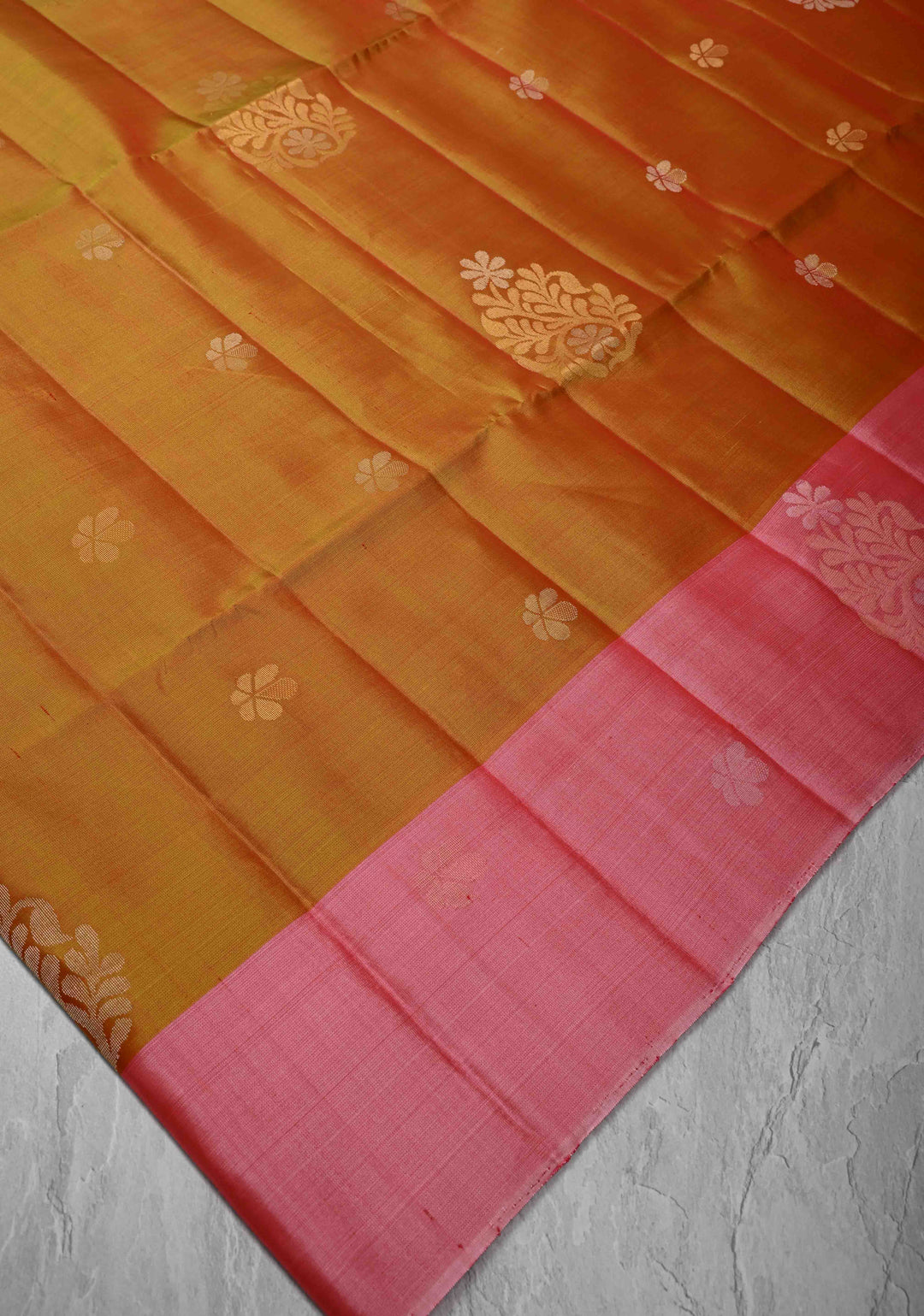 Mustard Dual Tone Kanjivaram Soft Silk Saree with Gold & Silver Buttas and Contrast Border | SILK MARK CERTIFIED