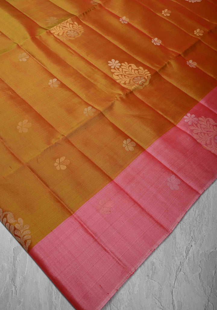Mustard Dual Tone Kanjivaram Soft Silk Saree with Gold & Silver Buttas and Contrast Border | SILK MARK CERTIFIED