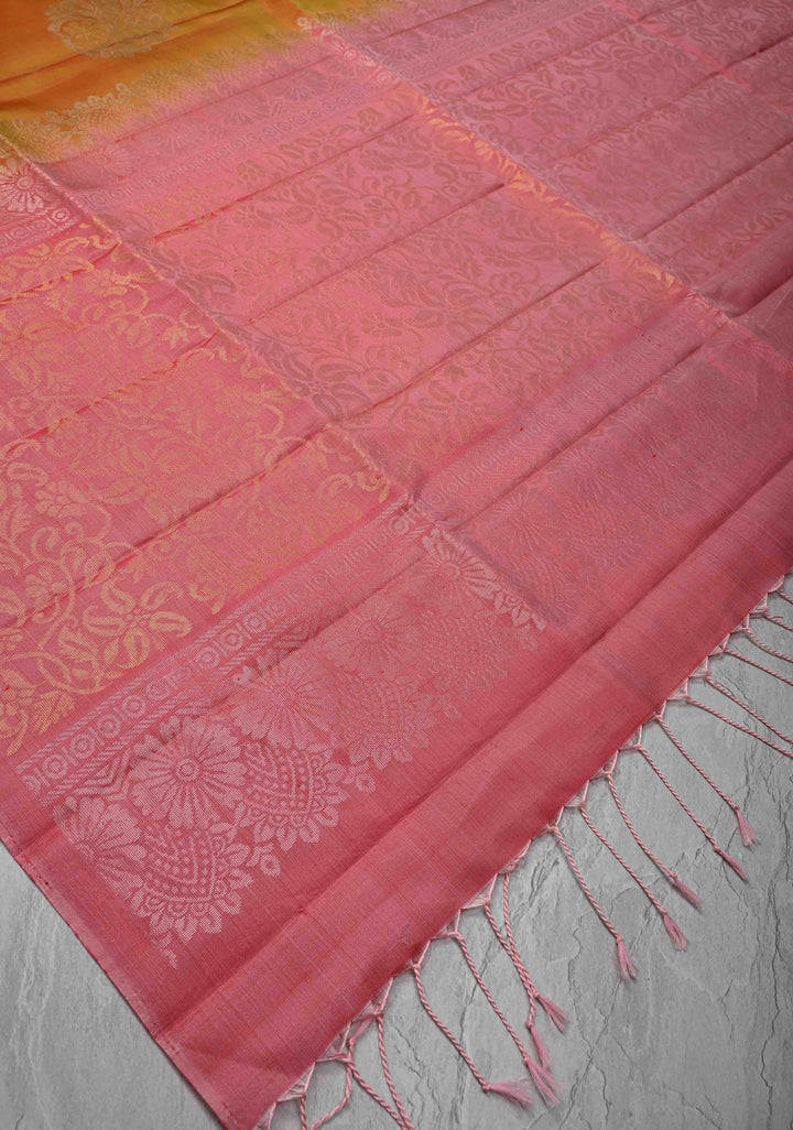 Mustard Dual Tone Kanjivaram Soft Silk Saree with Gold & Silver Buttas and Contrast Border | SILK MARK CERTIFIED