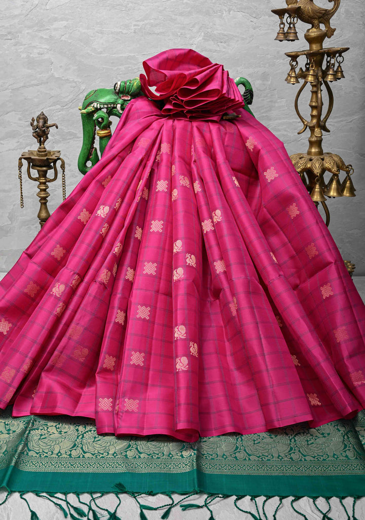 Fuchsia Pink Borderless Resham Checks on Kanjivaram Soft Silk Saree with Zari Buttas and Contrast Pallu | SILK MARK CERTIFIED