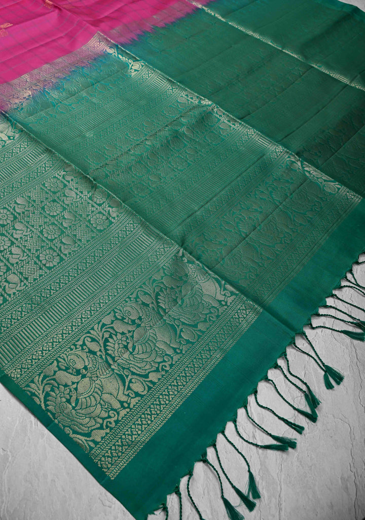 Fuchsia Pink Borderless Resham Checks on Kanjivaram Soft Silk Saree with Zari Buttas and Contrast Pallu | SILK MARK CERTIFIED