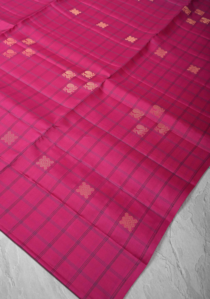 Fuchsia Pink Borderless Resham Checks on Kanjivaram Soft Silk Saree with Zari Buttas and Contrast Pallu | SILK MARK CERTIFIED