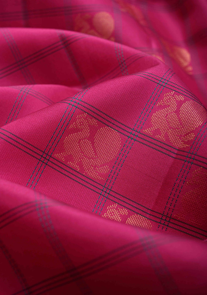 Fuchsia Pink Borderless Resham Checks on Kanjivaram Soft Silk Saree with Zari Buttas and Contrast Pallu | SILK MARK CERTIFIED