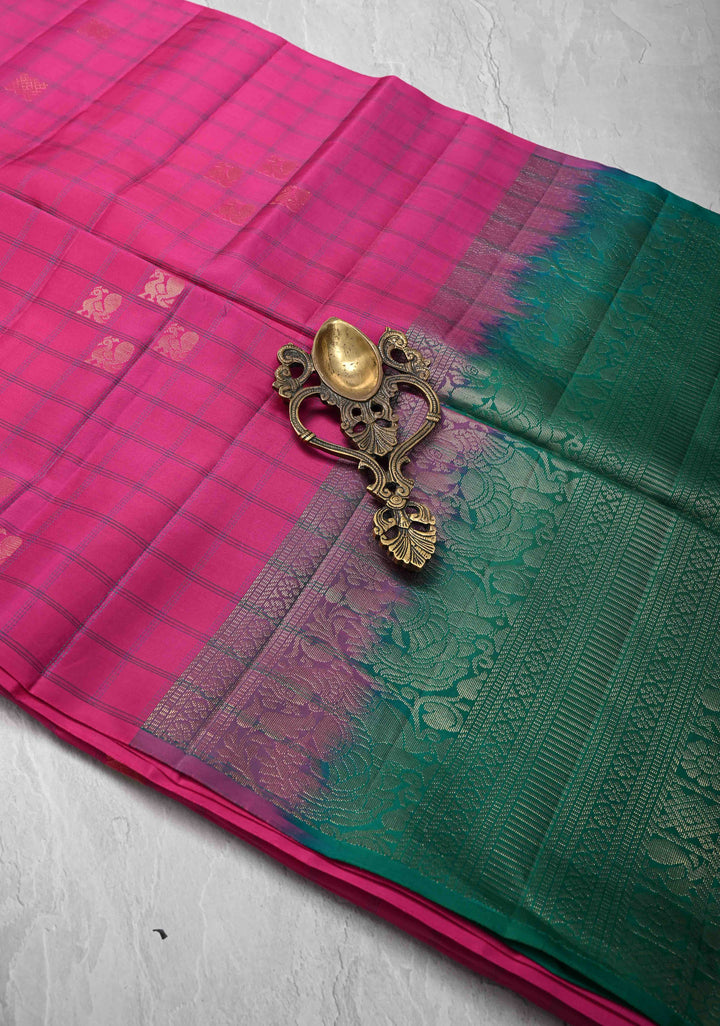 Fuchsia Pink Borderless Resham Checks on Kanjivaram Soft Silk Saree with Zari Buttas and Contrast Pallu | SILK MARK CERTIFIED