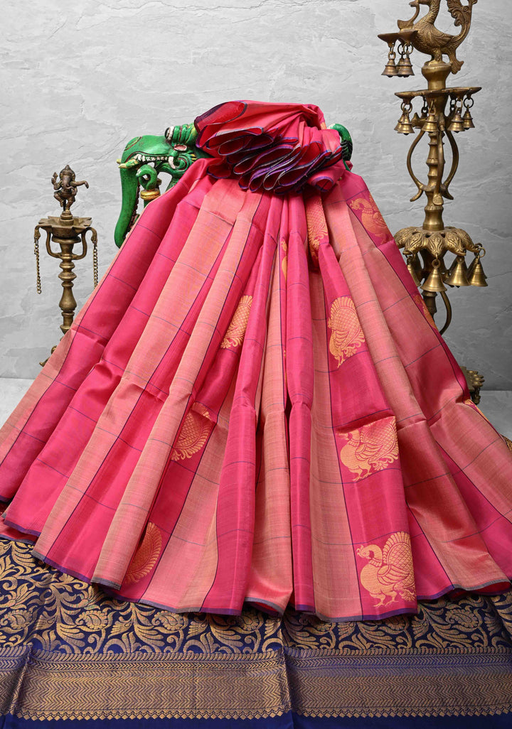 Blush Pink and Pink Borderless Checks Kanjivaram Soft Silk Saree With Peacock Buttas | SILK MARK CERTIFIED