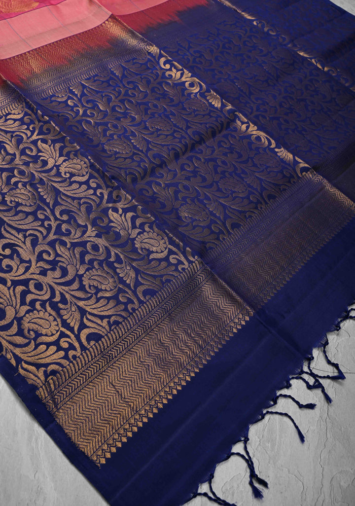 Blush Pink and Pink Borderless Checks Kanjivaram Soft Silk Saree With Peacock Buttas | SILK MARK CERTIFIED