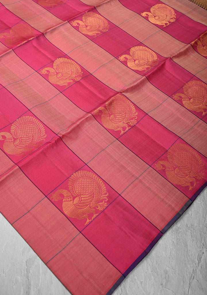 Blush Pink and Pink Borderless Checks Kanjivaram Soft Silk Saree With Peacock Buttas | SILK MARK CERTIFIED