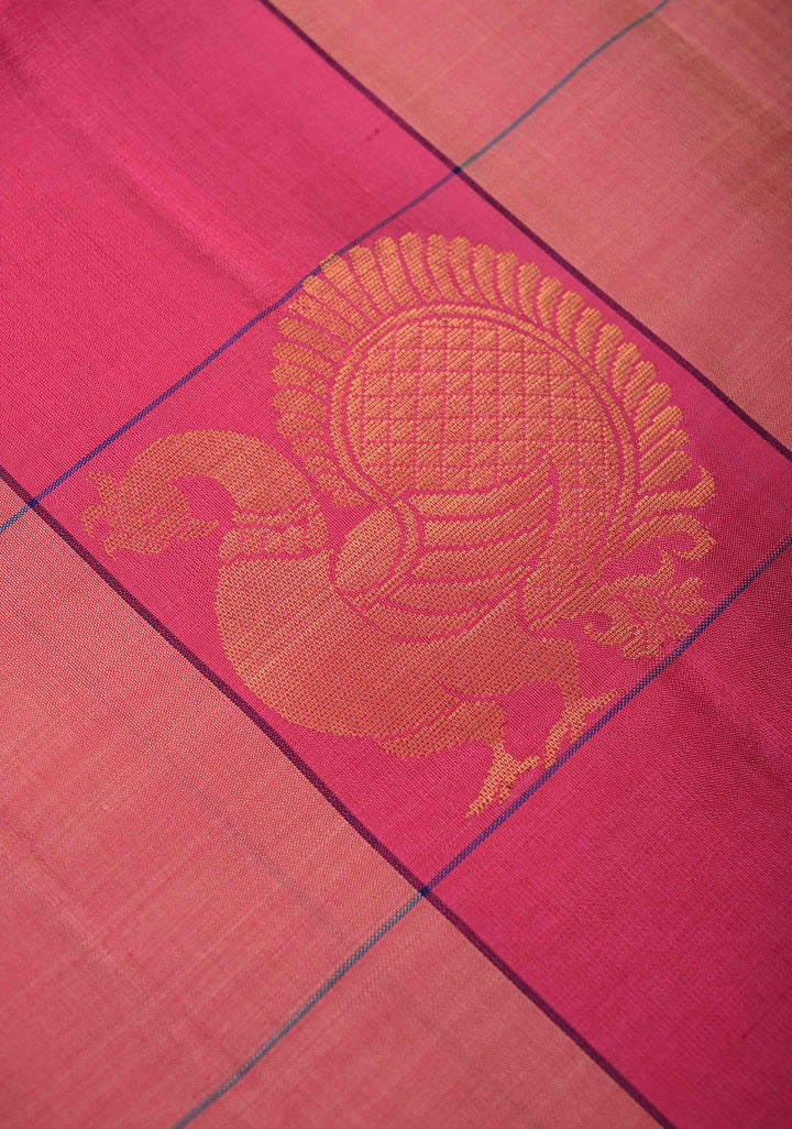 Blush Pink and Pink Borderless Checks Kanjivaram Soft Silk Saree With Peacock Buttas | SILK MARK CERTIFIED