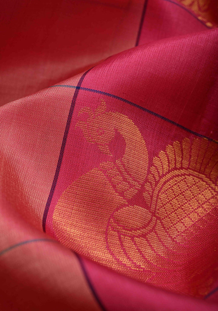 Blush Pink and Pink Borderless Checks Kanjivaram Soft Silk Saree With Peacock Buttas | SILK MARK CERTIFIED