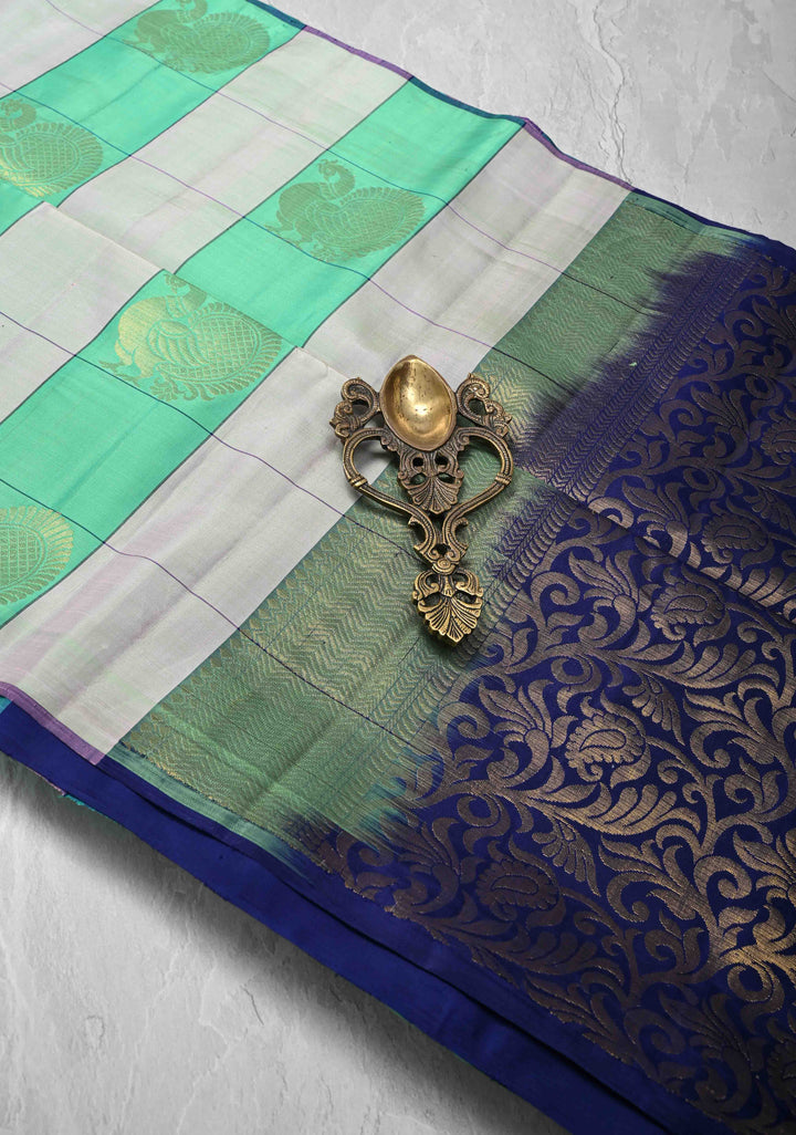 Sea green and Taupe Borderless Checks Kanjivaram Soft Silk Saree with Peacock Buttas | SILK MARK CERTIFIED