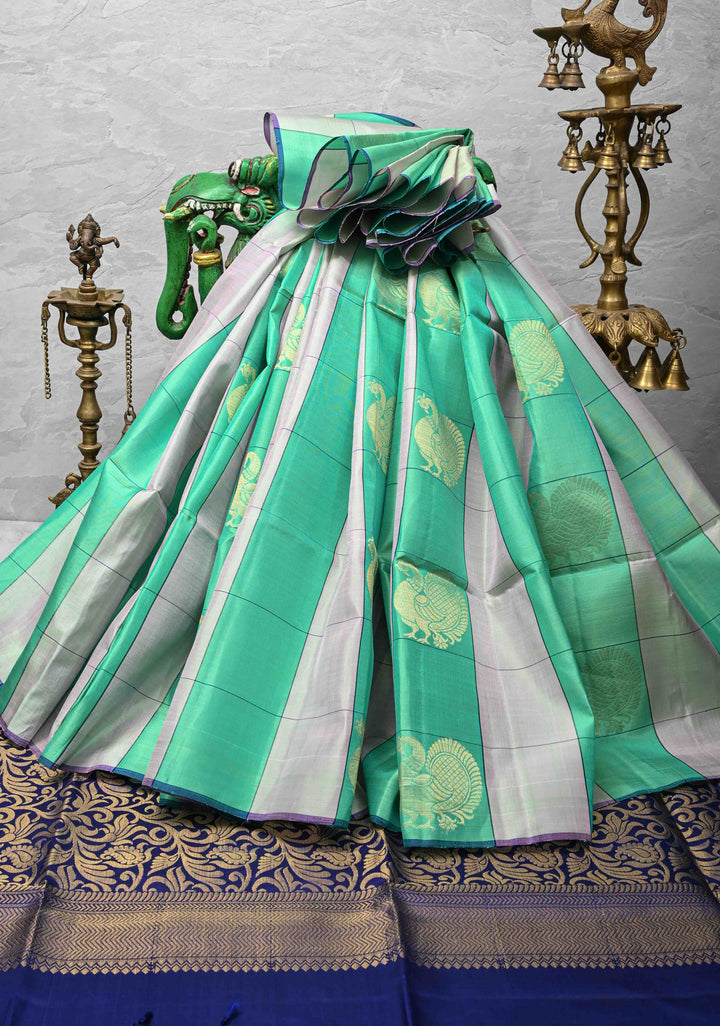 Sea green and Taupe Borderless Checks Kanjivaram Soft Silk Saree with Peacock Buttas | SILK MARK CERTIFIED
