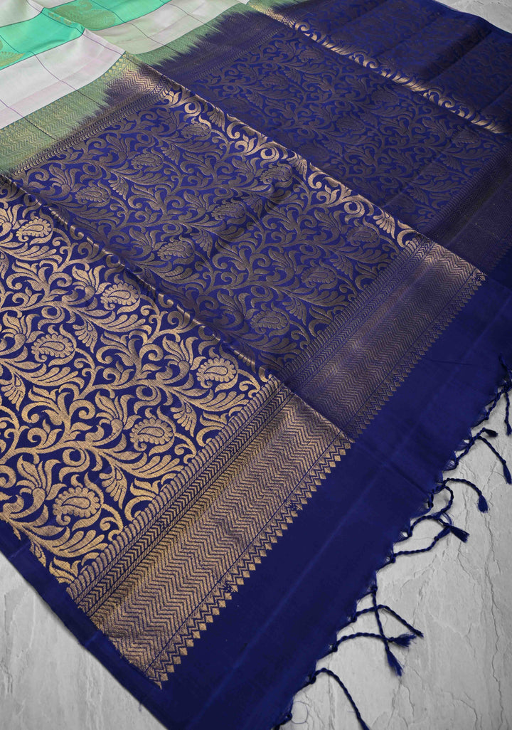 Sea green and Taupe Borderless Checks Kanjivaram Soft Silk Saree with Peacock Buttas | SILK MARK CERTIFIED