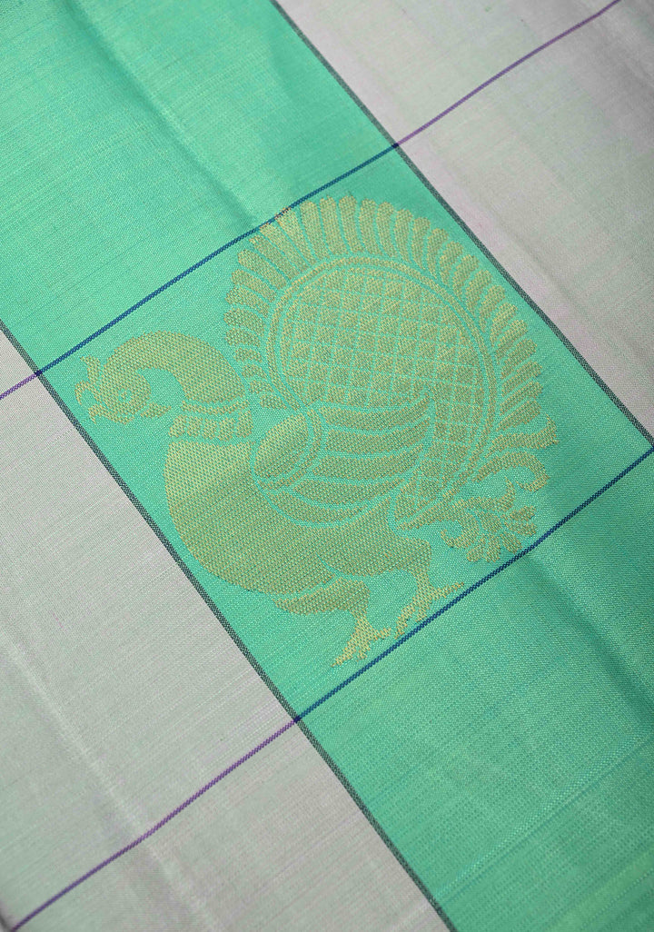 Sea green and Taupe Borderless Checks Kanjivaram Soft Silk Saree with Peacock Buttas | SILK MARK CERTIFIED