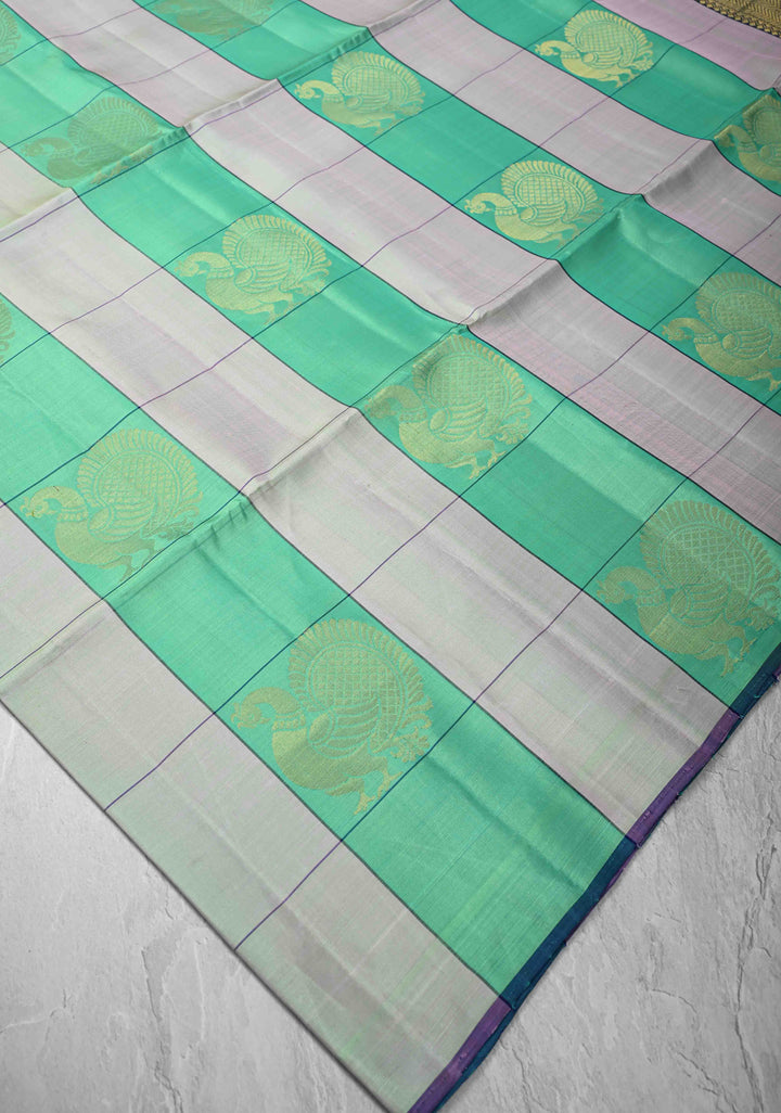 Sea green and Taupe Borderless Checks Kanjivaram Soft Silk Saree with Peacock Buttas | SILK MARK CERTIFIED
