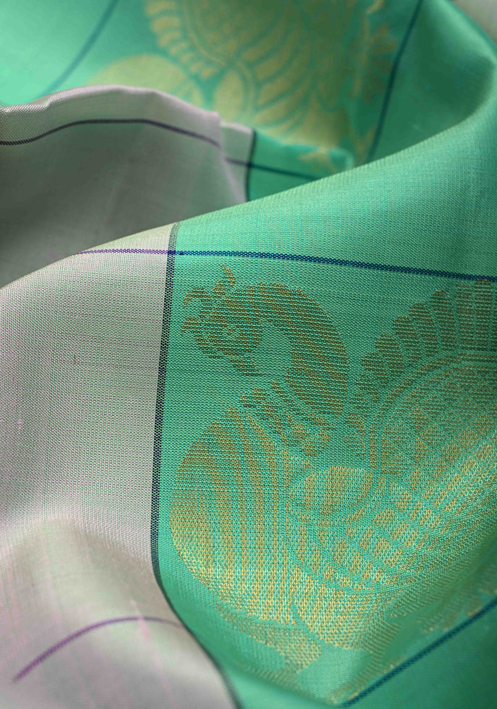 Sea green and Taupe Borderless Checks Kanjivaram Soft Silk Saree with Peacock Buttas | SILK MARK CERTIFIED