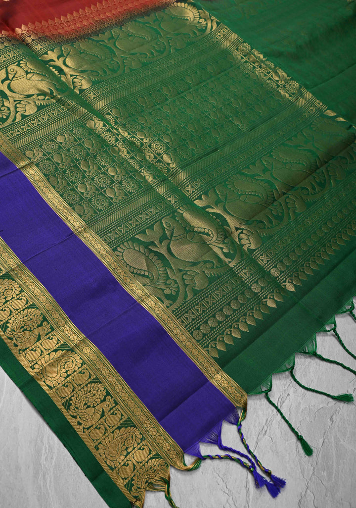 Maroon Kanjivaram Soft Silk Saree with Coin Zari Buttas and Rettaipet Borders Border | SILK MARK CERTIFIED