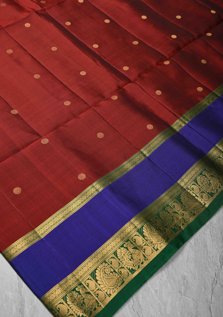 Maroon Kanjivaram Soft Silk Saree with Coin Zari Buttas and Rettaipet Borders Border | SILK MARK CERTIFIED