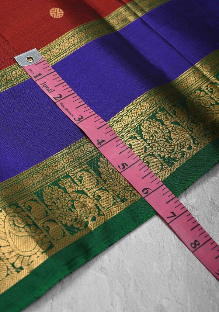 Maroon Kanjivaram Soft Silk Saree with Coin Zari Buttas and Rettaipet Borders Border | SILK MARK CERTIFIED