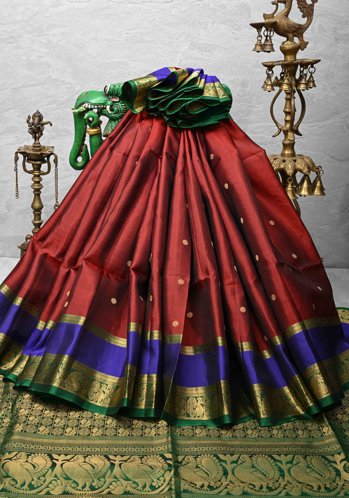 Maroon Kanjivaram Soft Silk Saree with Coin Zari Buttas and Rettaipet Borders Border | SILK MARK CERTIFIED
