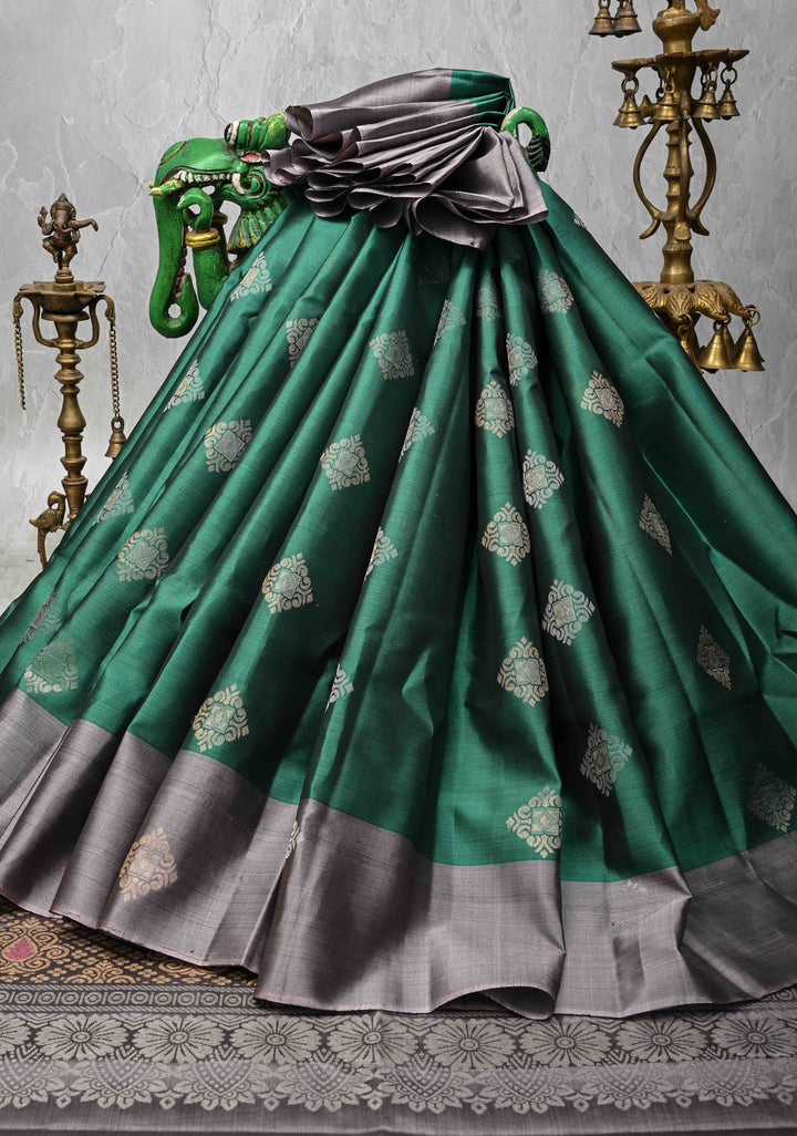 Emerald Green Kanjivaram Soft Silk Saree with Zari Buttas and Contrast Border | SILK MARK CERTIFIED