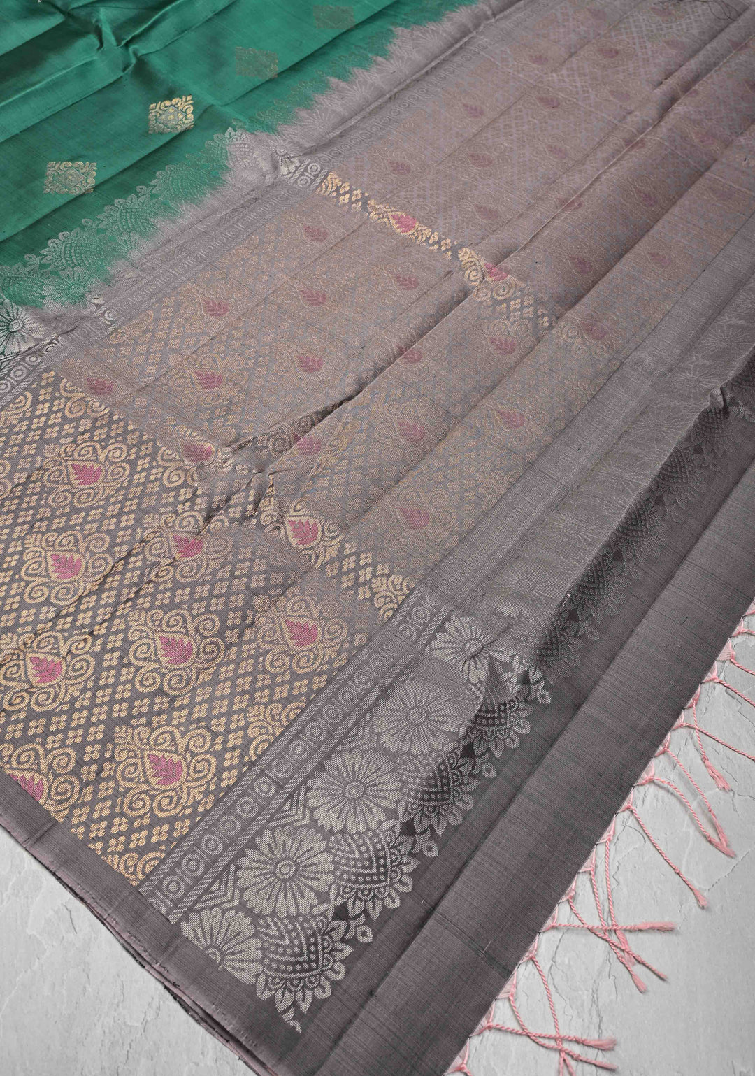 Emerald Green Kanjivaram Soft Silk Saree with Zari Buttas and Contrast Border | SILK MARK CERTIFIED