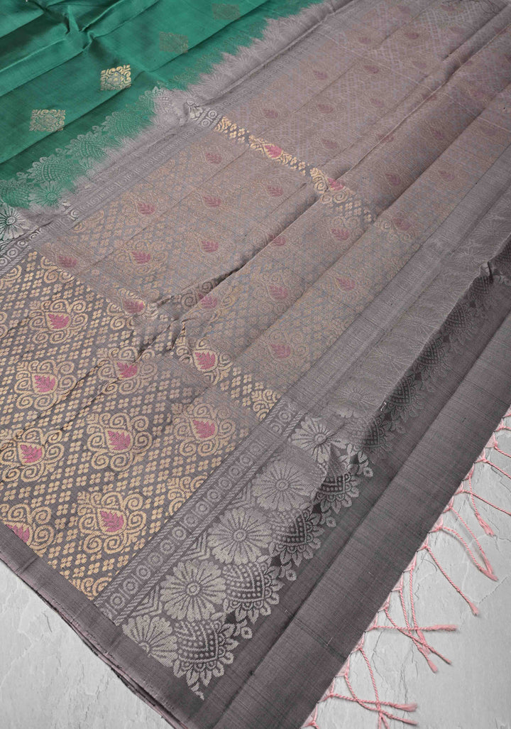 Emerald Green Kanjivaram Soft Silk Saree with Zari Buttas and Contrast Border | SILK MARK CERTIFIED