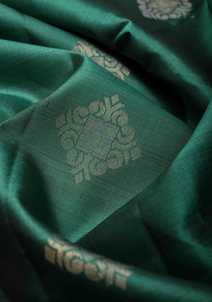 Emerald Green Kanjivaram Soft Silk Saree with Zari Buttas and Contrast Border | SILK MARK CERTIFIED