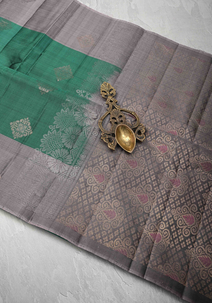 Emerald Green Kanjivaram Soft Silk Saree with Zari Buttas and Contrast Border | SILK MARK CERTIFIED