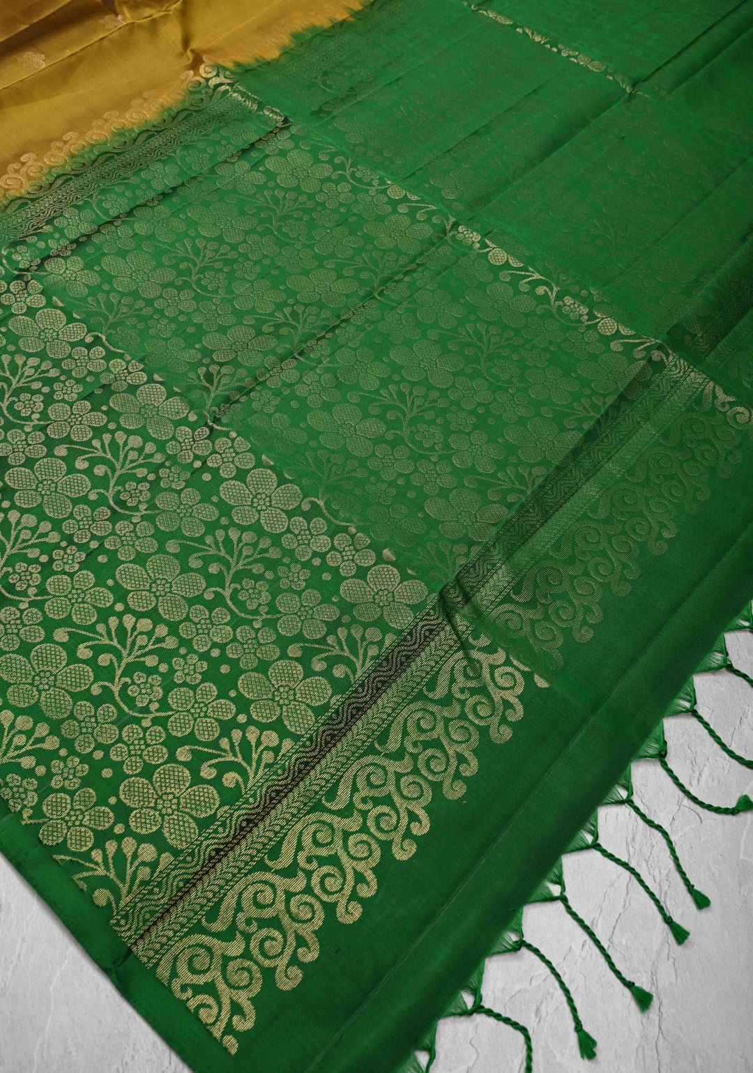 Ochre Kanjivaram Soft Silk Saree with Zari Buttas and Contrast Border | SILK MARK CERTIFIED